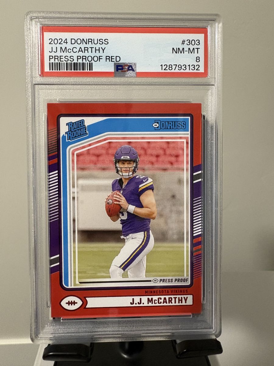 2024 Donruss JJ McCarthy Press Proof Red #303 PSA 8 NM-MT Minnesota Vikings Rated Rookie Football Card