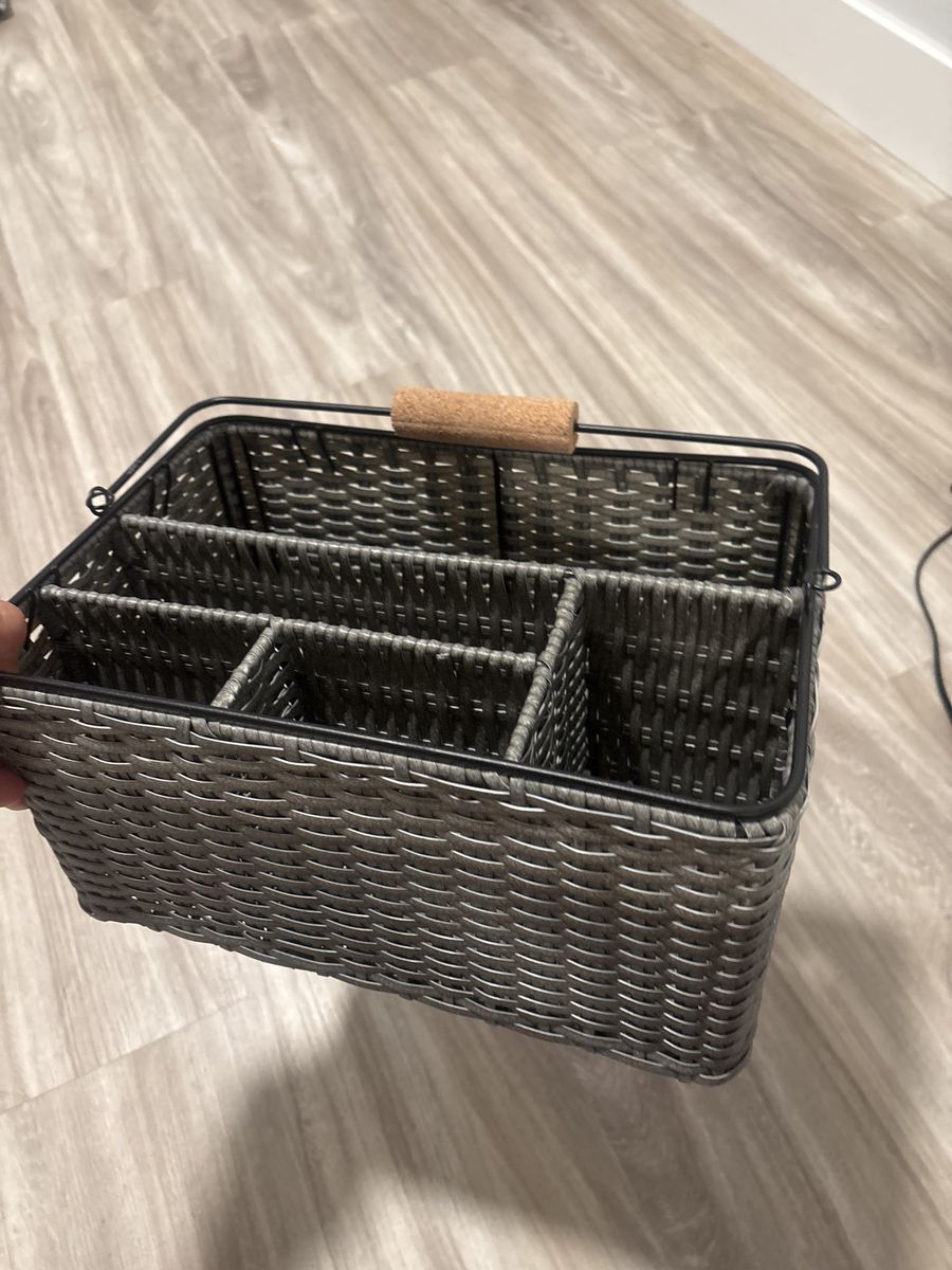 Gray Woven Flatware Caddy with Cork Handle, 6-Compartment Utensil Holder, Portable Organizer