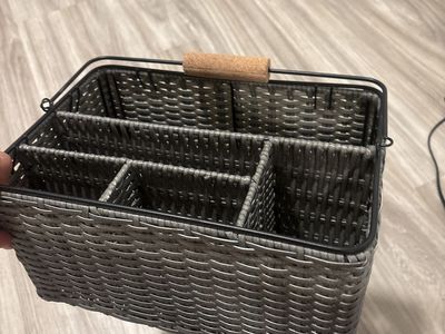 Gray Woven Flatware Caddy with Cork Handle, 6-Compartment Utensil Holder, Portable Organizer