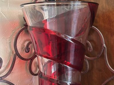Vintage Red Swirl Glass Vase - Clear with Vibrant Red Accents, 10" Tall