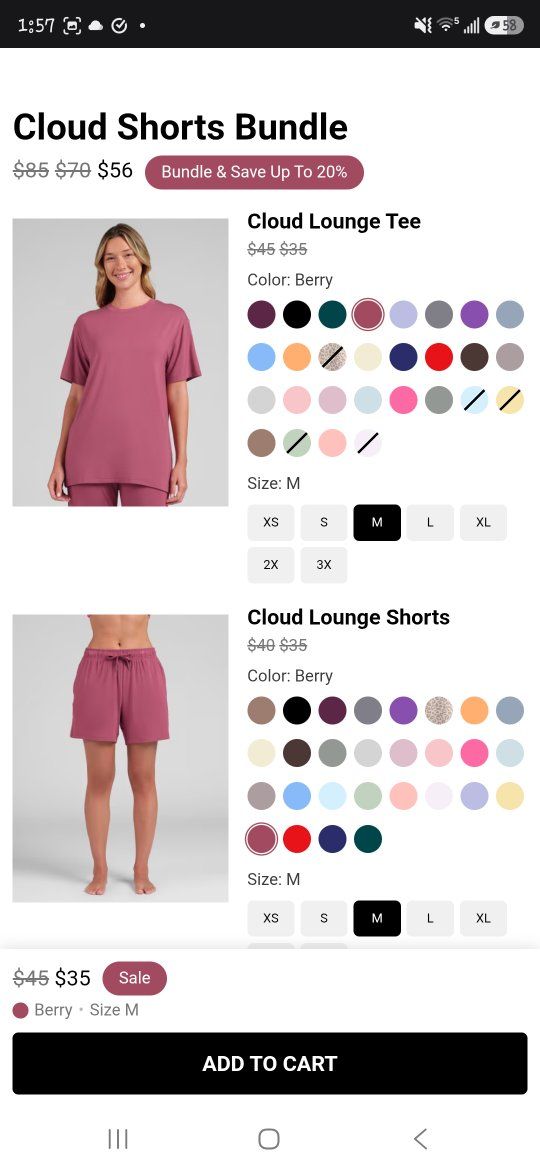 Comfrt Cloud Lounge Tee and Shorts Bundle Berry Size M