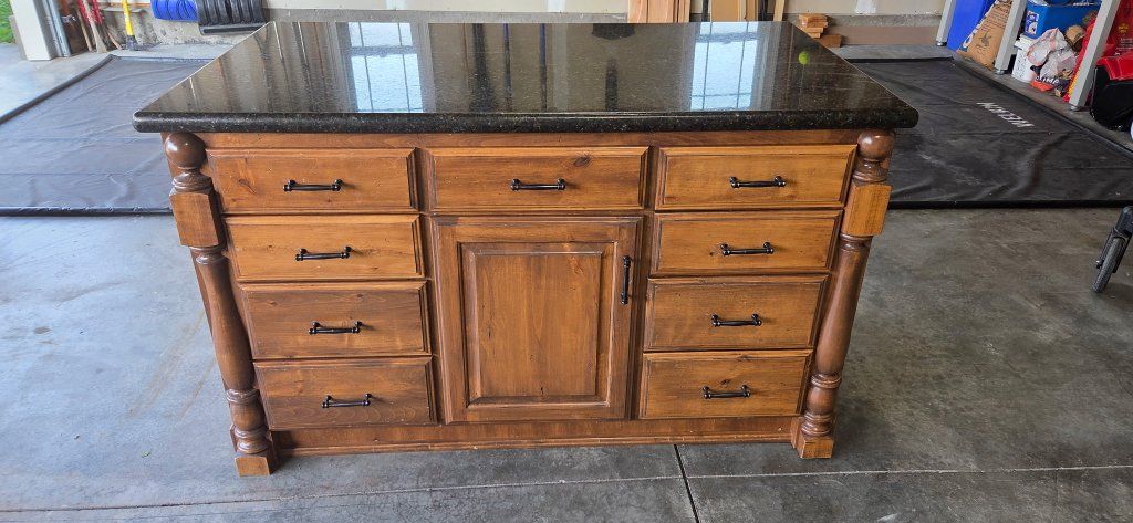 Alder Wood Kitchen Island with Granite Countertop, Drawers, and Built-In Power Outlet