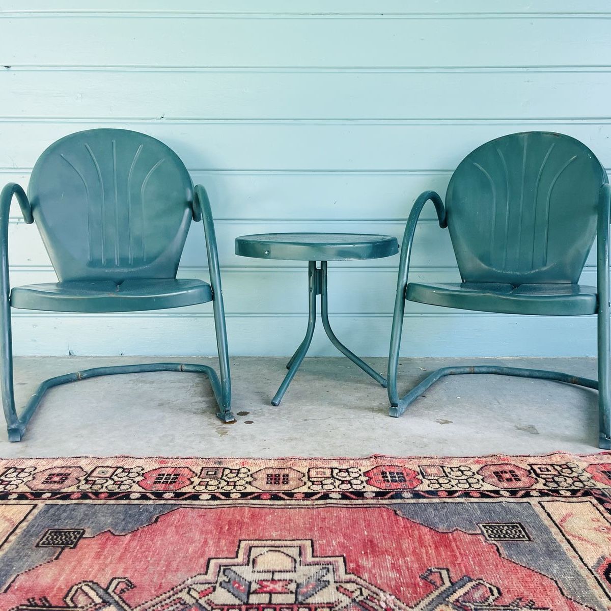 Vintage Mid-Century Metal Clamshell Patio Chairs & Side Table Set - Green