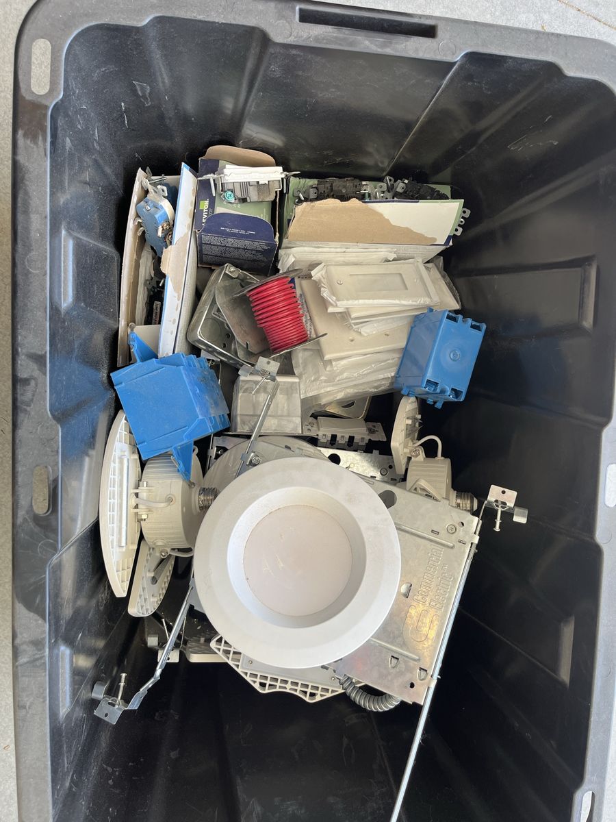 Assorted Electrical Supplies Bin - Recessed Lights, Outlets, Boxes etc