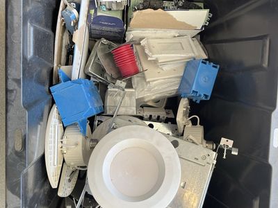 Assorted Electrical Supplies Bin - Recessed Lights, Outlets, Boxes etc