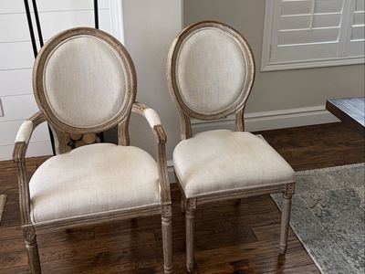 Set of 8 Restoration Hardware Dining Chairs - Parisian Round, Linen Fabric, Wood Frame