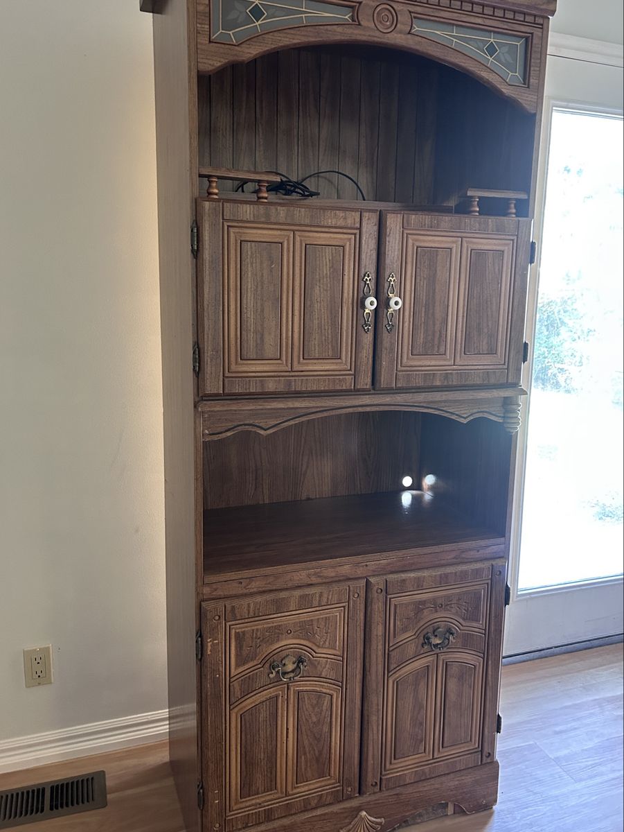Stained Glass Accents Cabinet Tall Narrow 32” Wide Kitchen Hutch Library Organizing Storage w/ Lighted Display
