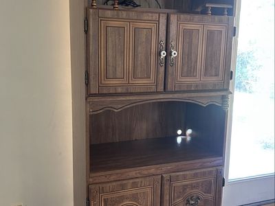 Stained Glass Accents Cabinet Tall Narrow 32” Wide Kitchen Hutch Library Organizing Storage w/ Lighted Display