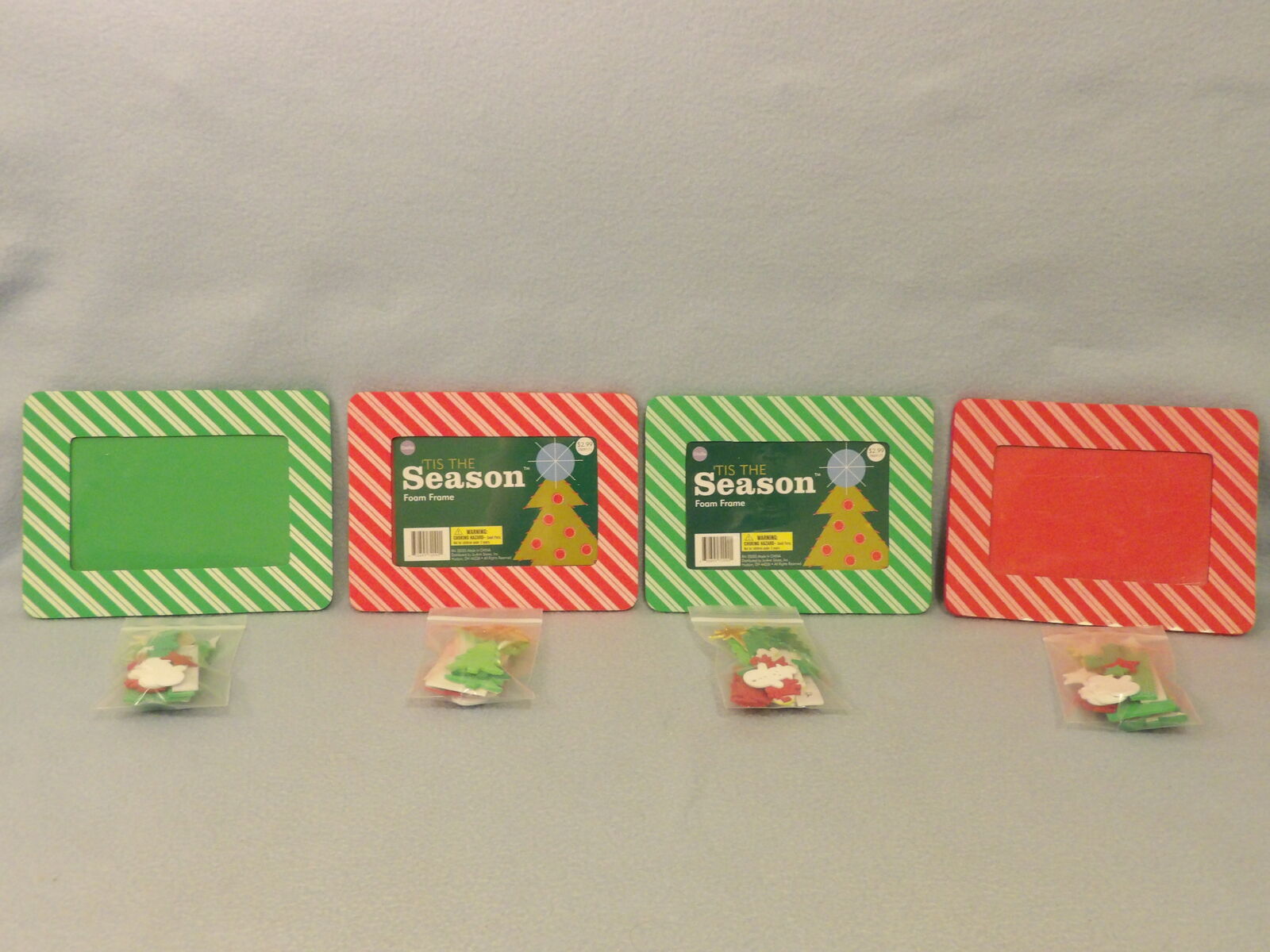 4 Red & Green Striped Children's Christmas Foam Picture Frames w/decorations+5 Nativity Ornaments+other ornament+Christmas Trees