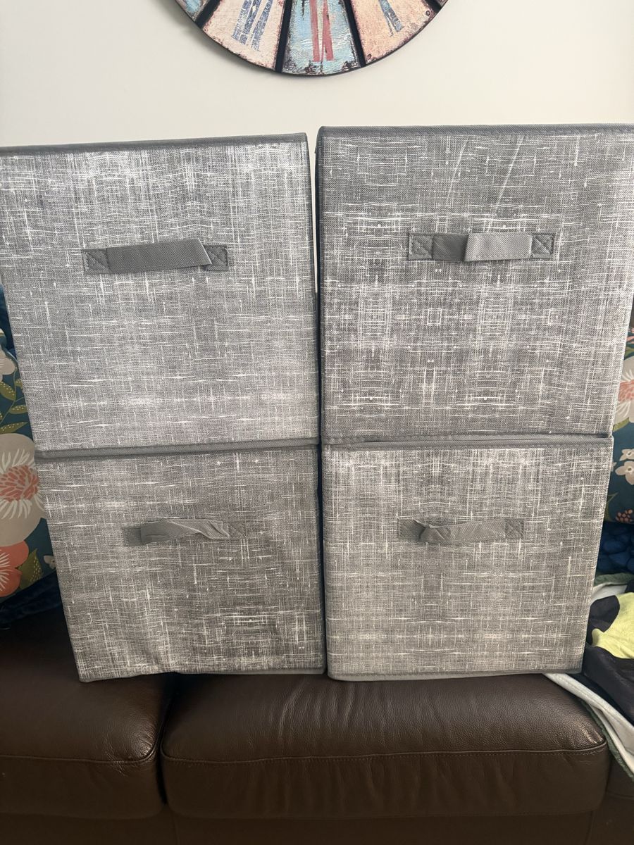 Set of 4 Gray Fabric Storage Cubes with Handles 13’ by 13 inches. New