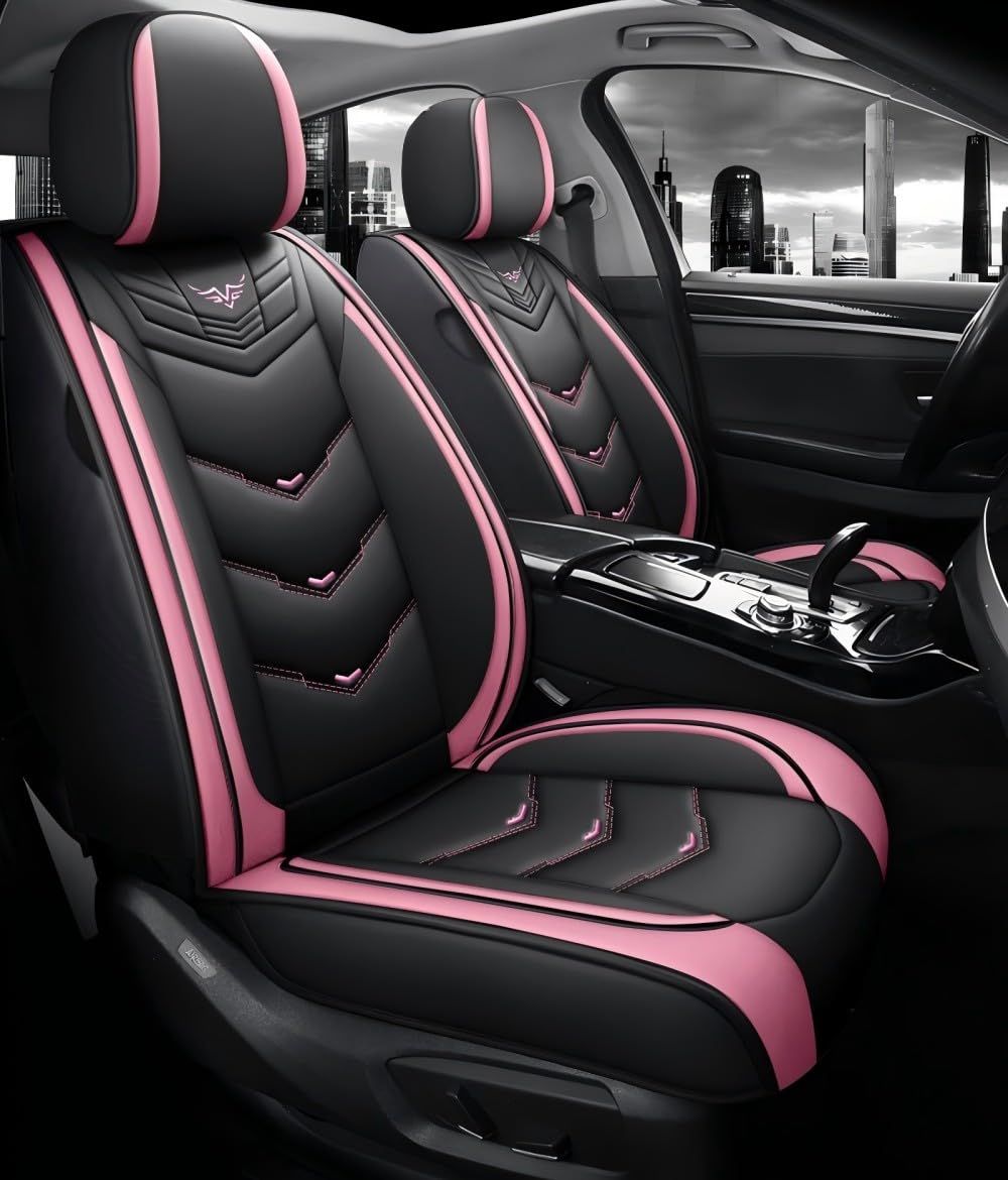 NEW BGYFOU Fashion PU Breathable Leather car seat Cover 5-Seater Universal fit (Black and Pink)