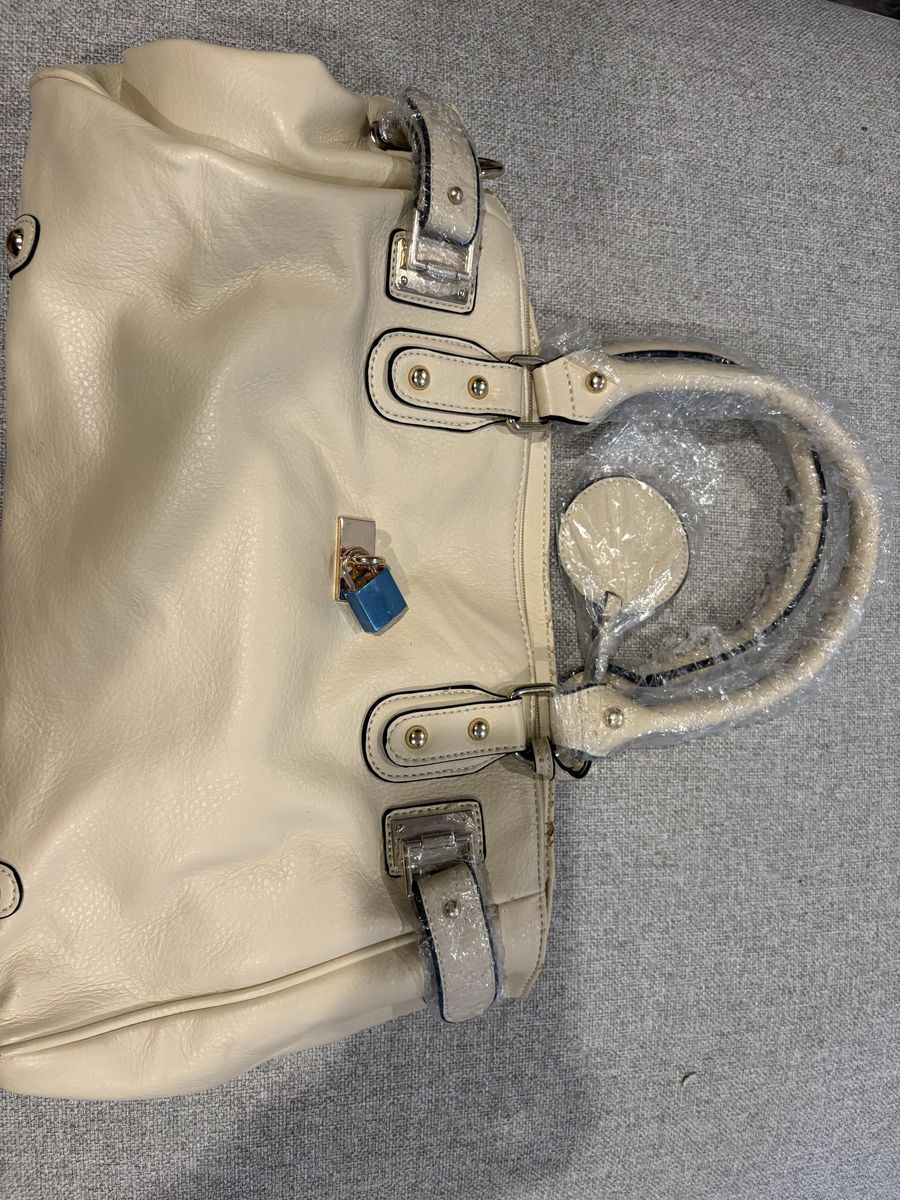 New Cream Faux Leather Shoulder Handbag Tote with Lock Detail