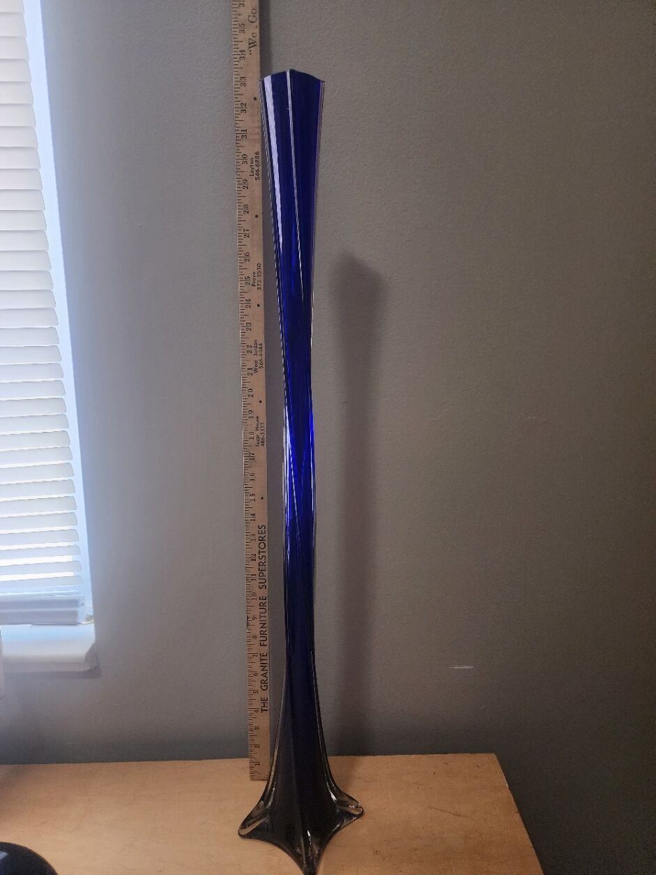 31" Cobalt Blue Glass Twist Vase Vintage