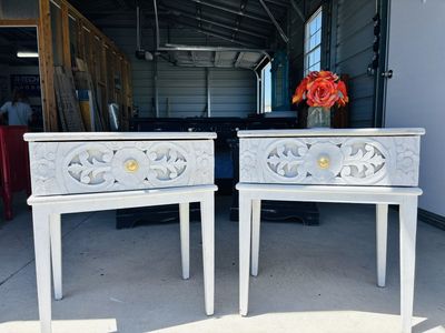 Pair of White Carved Wood Single Drawer Side Tables / Nightstands with Gold Knobs