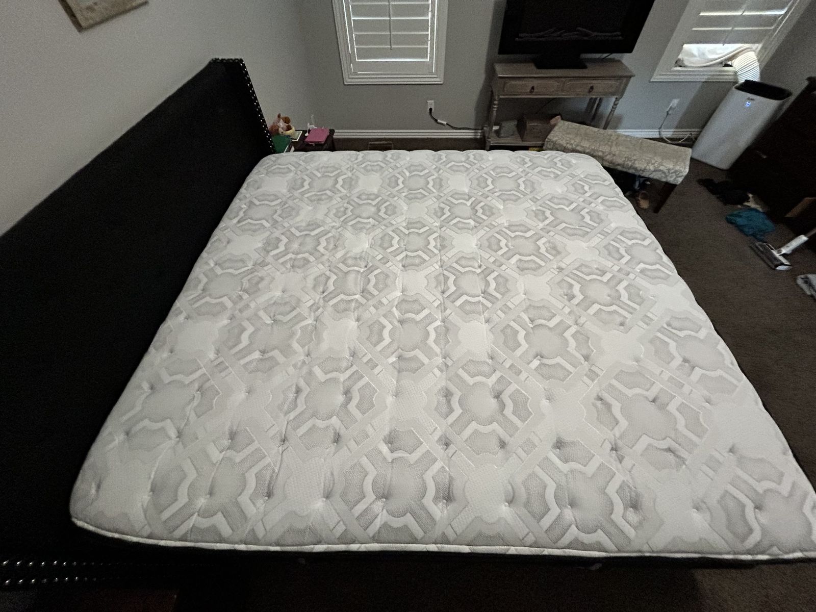 King size bed frame, Sealy premium mattress and box springs
