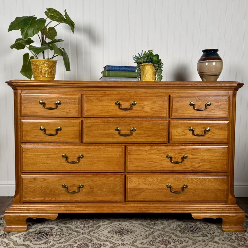 Vintage Oak 10-Drawer Lowboy Dresser