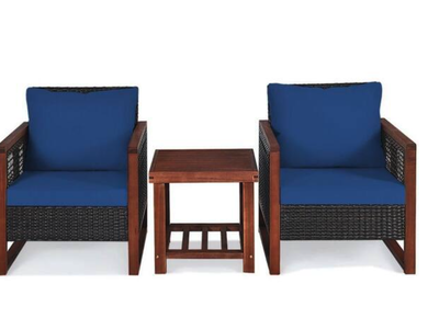 New in Box 3-Pieces Wicker Wood Lounge Chair with Navy Cushion Guard and Acacia Wood Coffee Table