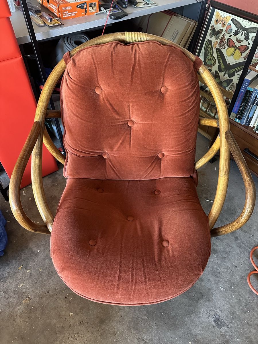 Vintage Rattan Swivel Rocking Chair with Orange Cushions, Boho Chic Accent Seating