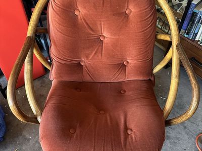 Vintage Rattan Swivel Rocking Chair with Orange Cushions, Boho Chic Accent Seating
