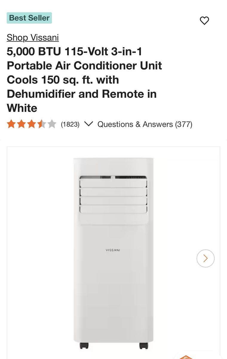 Vissani 5,000 BTU 115-Volt 3-in-1 Portable Air Conditioner Unit White