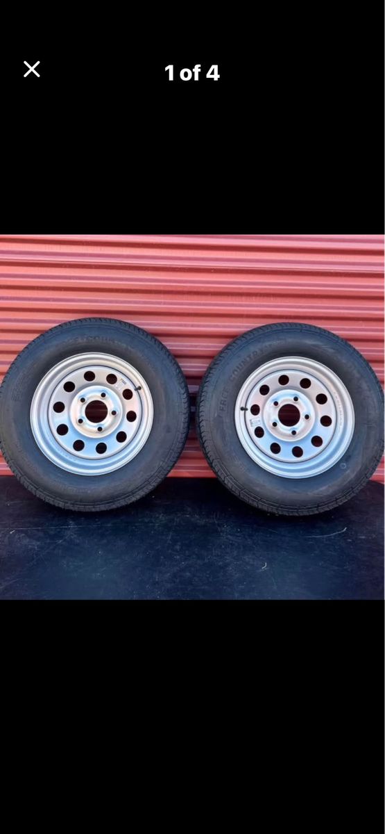 Set of 2 Free Country ST 205/75 D 15  Trailer Tires Mounted on New Silver Mod Wheels Hard to find 5 on 5 Pattern