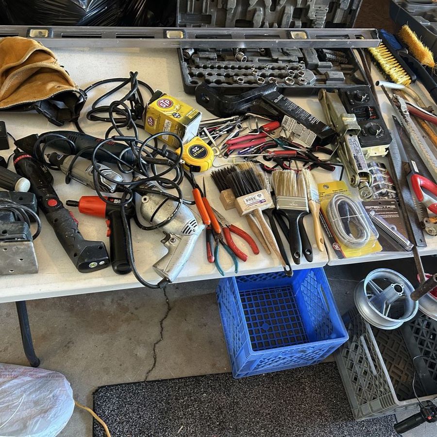 Lot of Various Hand & Some Power Tools, Hand Saws, Husky Tool Box, Small Motor For Parts & More (not selling them separately)