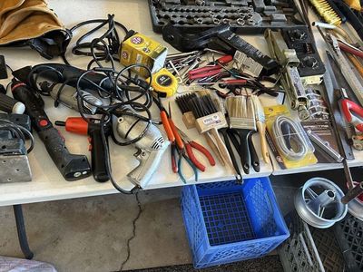 Lot of Various Hand & Some Power Tools, Hand Saws, Husky Tool Box, Small Motor For Parts & More (not selling them separately)