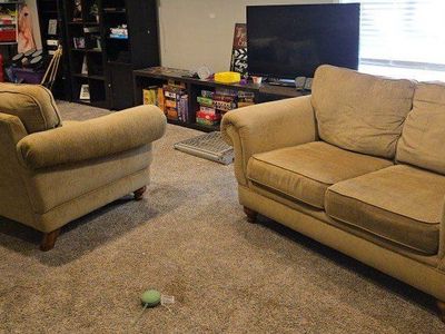 Matching Tan Fabric Sofa and Loveseat Set with Rolled Arms