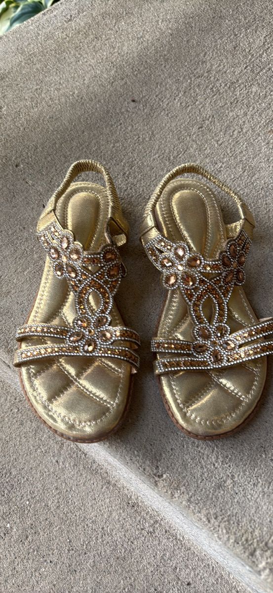 Gold Bling Gemstone Embellished Elastic Strap Sandals - US Size 7.5 (EU 38)