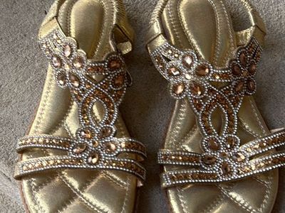 Gold Bling Gemstone Embellished Elastic Strap Sandals - US Size 7.5 (EU 38)