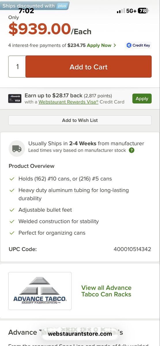 Advance Tabco CR10-162 Spec Line #10 Aluminum Can Rack - Full Size, Holds 162 #10 or 216 #5 Cans