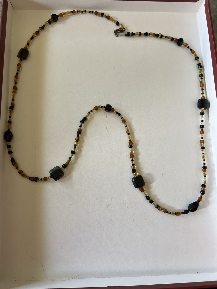 Vintage Beaded Necklace - Black, Gold, and Brown Beads with Square Accents, Long Style