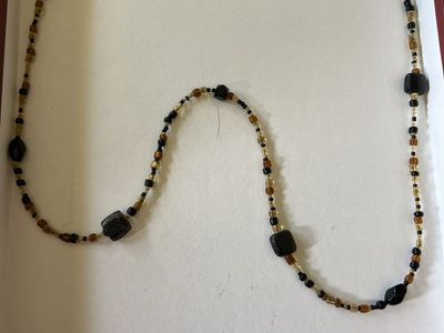 Vintage Beaded Necklace - Black, Gold, and Brown Beads with Square Accents, Long Style