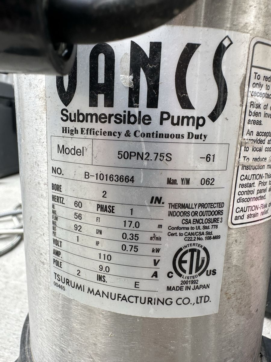 JANS Tsurumi 50PN2.75S Submersible Pump - High Efficiency, Continuous Duty, 110V, 0.75kW