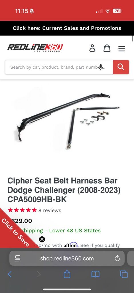 Cipher Seat BelT Harness Bar Dodge Challenger New