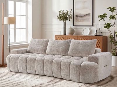Modern Boucle Fabric Channel Tufted Sofa in Beige