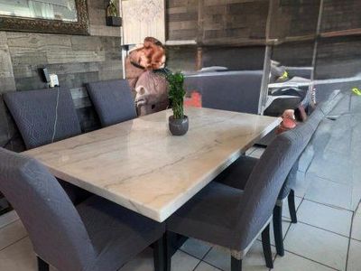 Modern Dining Table with Faux Marble Top and 6 Upholstered Chairs - Gray