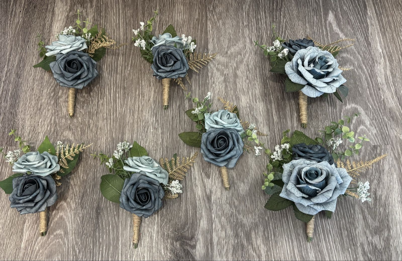 Handmade Blue & Gray Rose Boutonniere Set - Artificial Flowers for Wedding/Formal Events