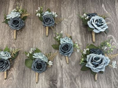 Handmade Blue & Gray Rose Boutonniere Set - Artificial Flowers for Wedding/Formal Events