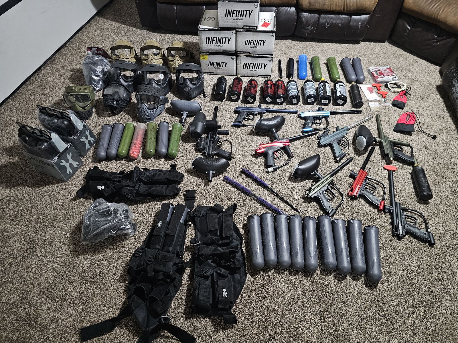 Paintball Gear Lot with Tippmann A-5 Marker, Electronic trigger shoots 13 or 15/ sec (can't remember), Flatline Barrel, Masks