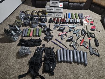 Paintball Gear Lot with Tippmann A-5 Marker, Electronic trigger shoots 13 or 15/ sec (can't remember), Flatline Barrel, Masks