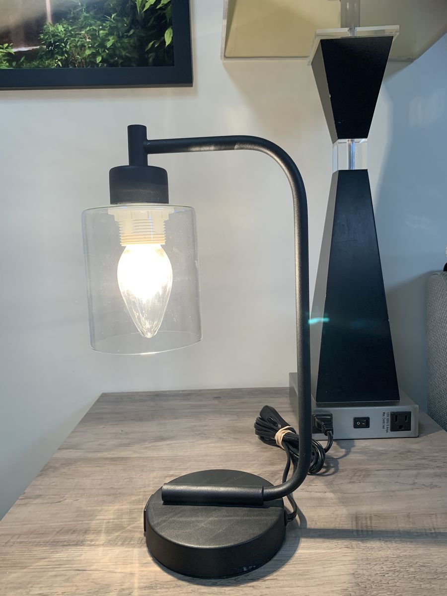 Black Lamp with Curved Arm And Glass Shade
