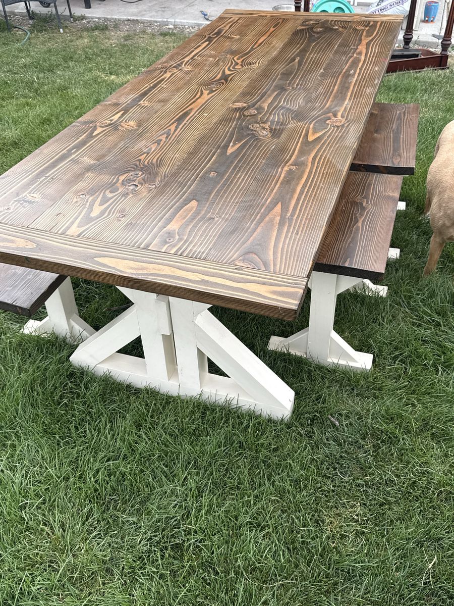 Solid Wood Dining Table & Benches - Dark Stain Top, Off-White Legs - Great Condition