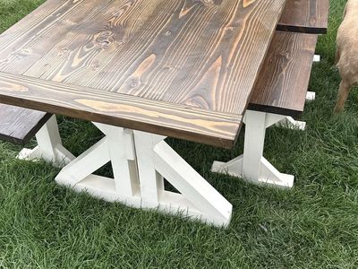 Solid Wood Dining Table & Benches - Dark Stain Top, Off-White Legs - Great Condition