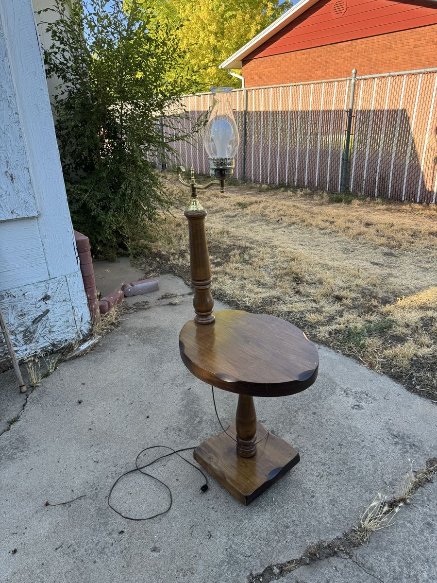 Vintage Wooden Accent Table with Hurricane Lamp