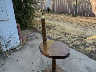 Vintage Wooden Accent Table with Hurricane Lamp