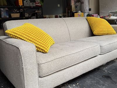 Modern Light Gray Fabric Sofa with Dark Wood Legs