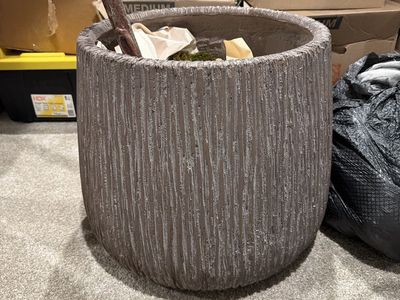 2 RH Restoration Hardware CASTEL PLANTER Size B - Faux Concrete Planter with Faux Fiddle Leaf Tree