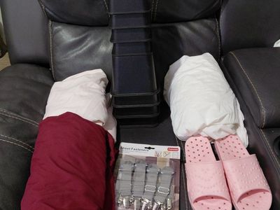 BUNDLE: Assorted Home Items: Bed Risers, 2 Meloni Sheets pink and red wine, 1 new mattress encasement, Sheet Fasteners, and slip