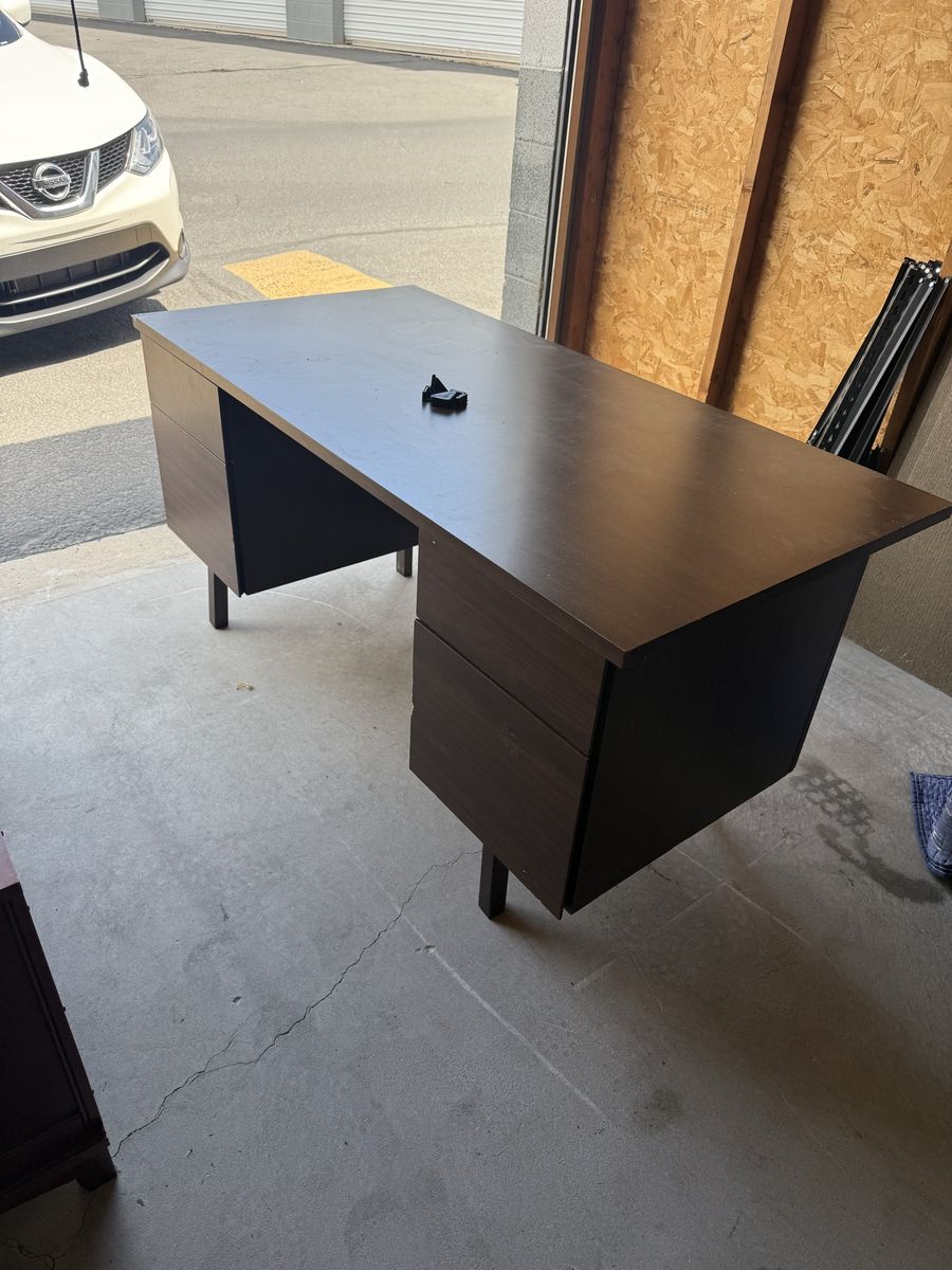 Dark Brown Wood Finish Office Desk with Drawers - Mid-Century Style